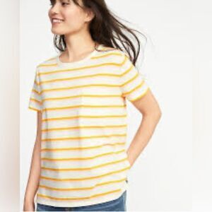 Old Navy size, large, short sleeve, yellow, and white striped top